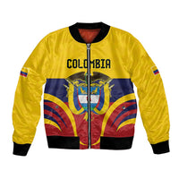 Gold bomber jacket with full-zip front, black ribbed cuffs, and Colombia flag graphic