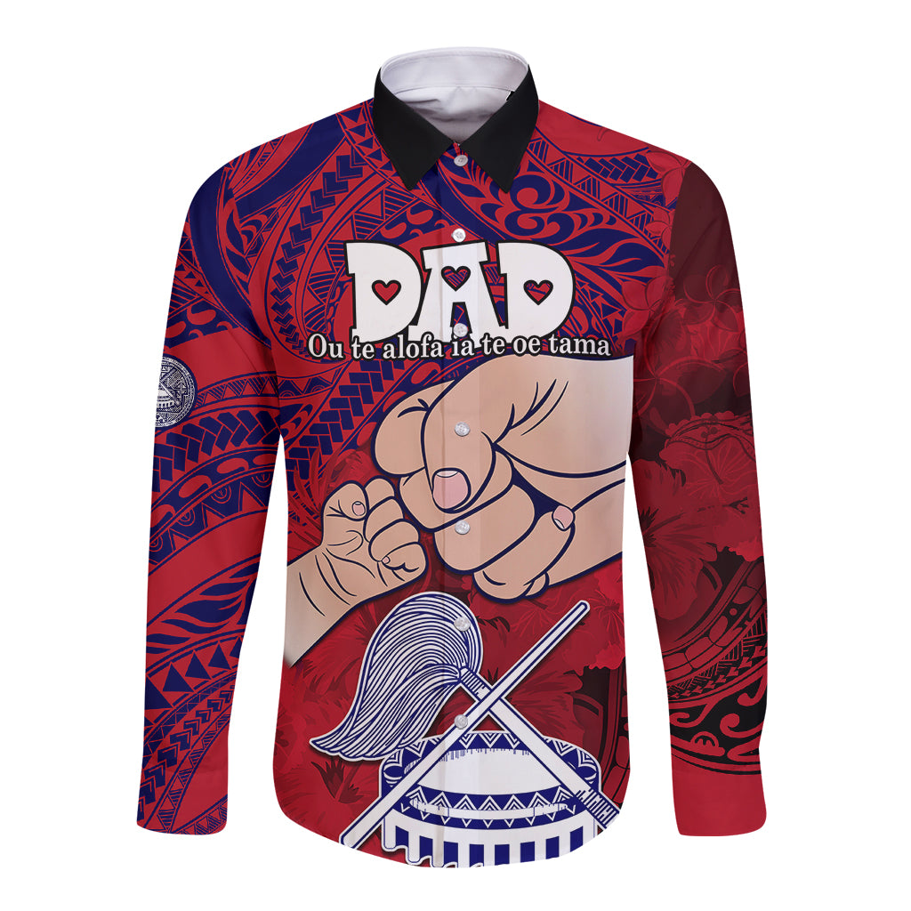 Red long sleeve button shirt with Polynesian tribal floral graphic and heart text