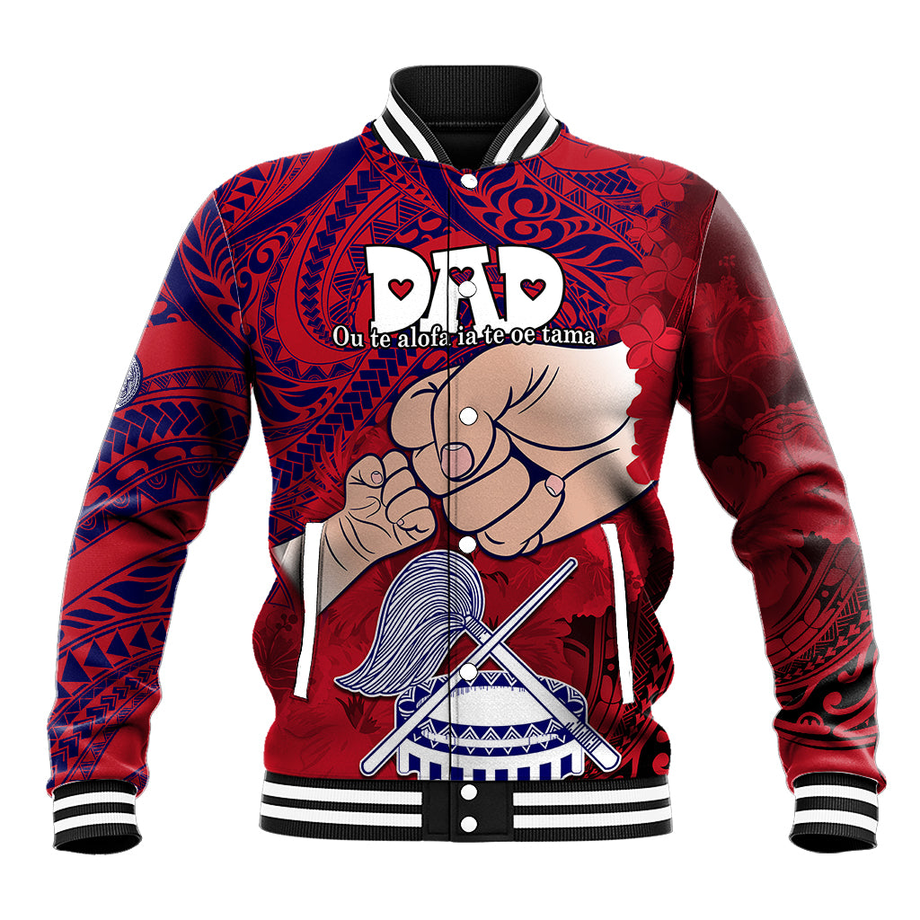 Personalized red baseball jacket with tribal blue pattern and cartoon dad graphic, front view