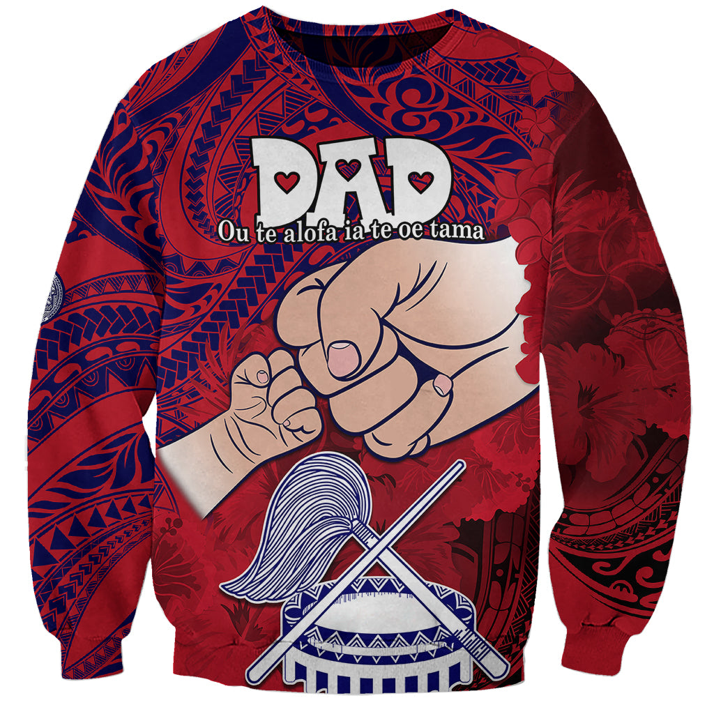 Unisex red sweatshirt with Polynesian tribal pattern and dad cartoon graphic