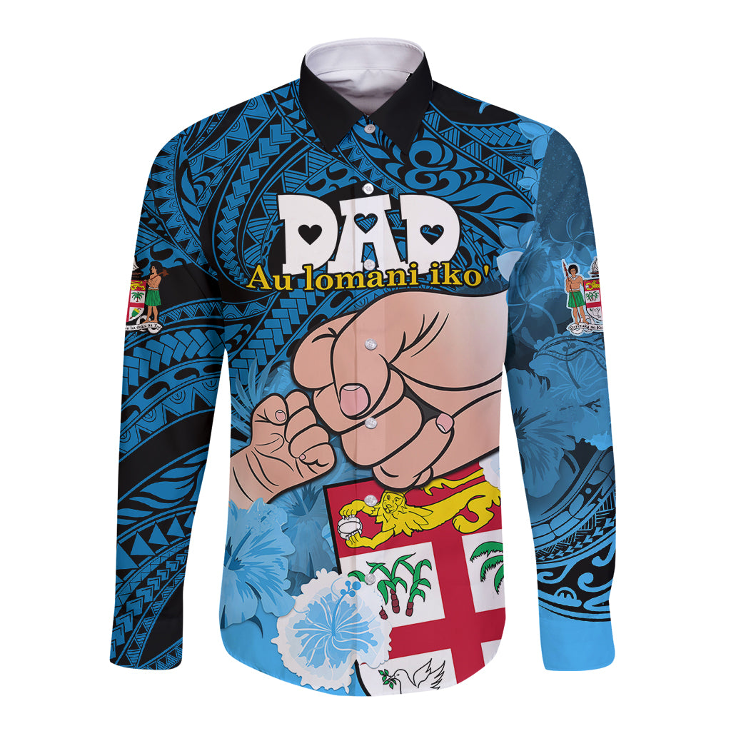 Blue long-sleeve button shirt with Polynesian floral/tribal print and 'Au loman i iko'