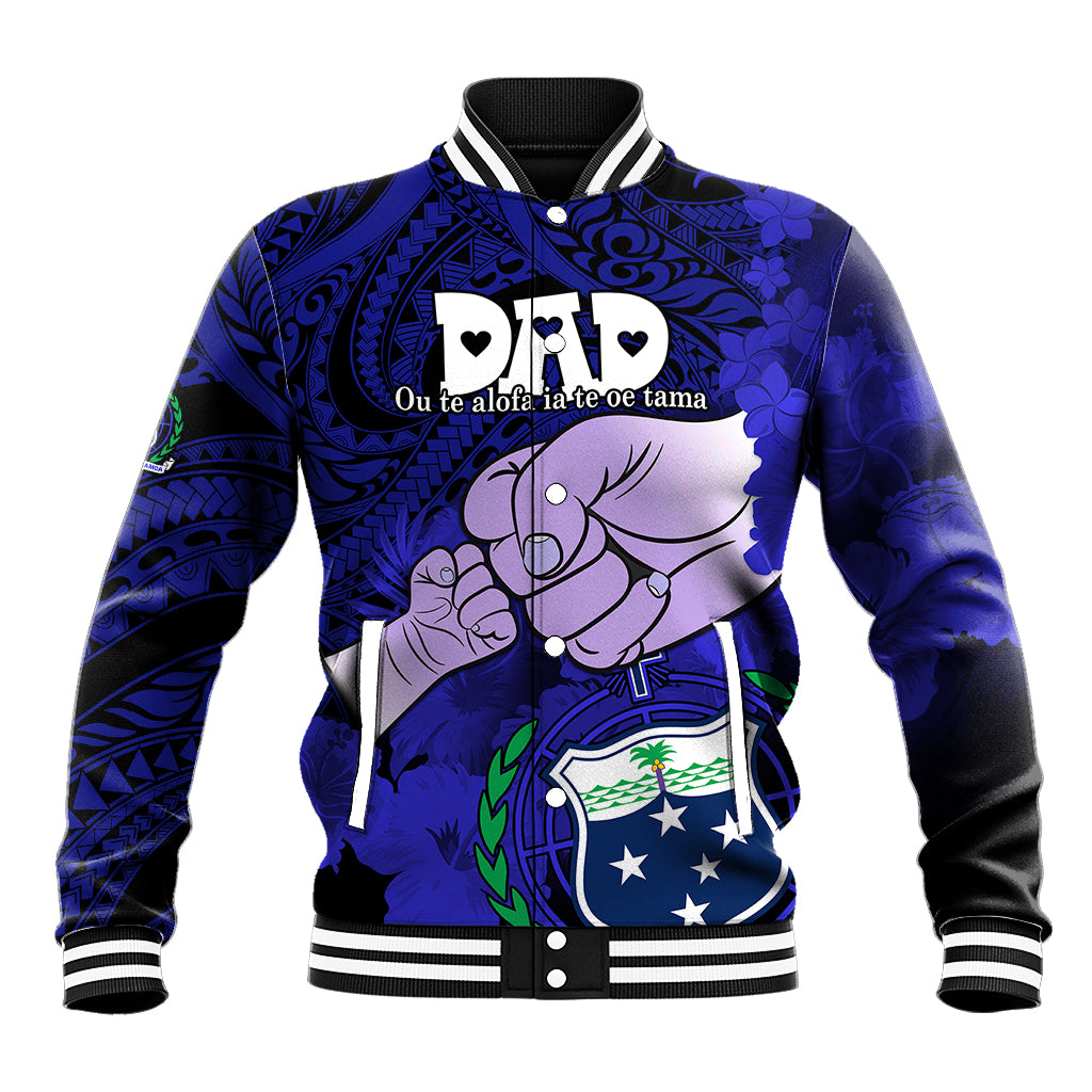 Blue baseball jacket with ribbed trim, black sleeves, and Polynesian floral tribal front graphic