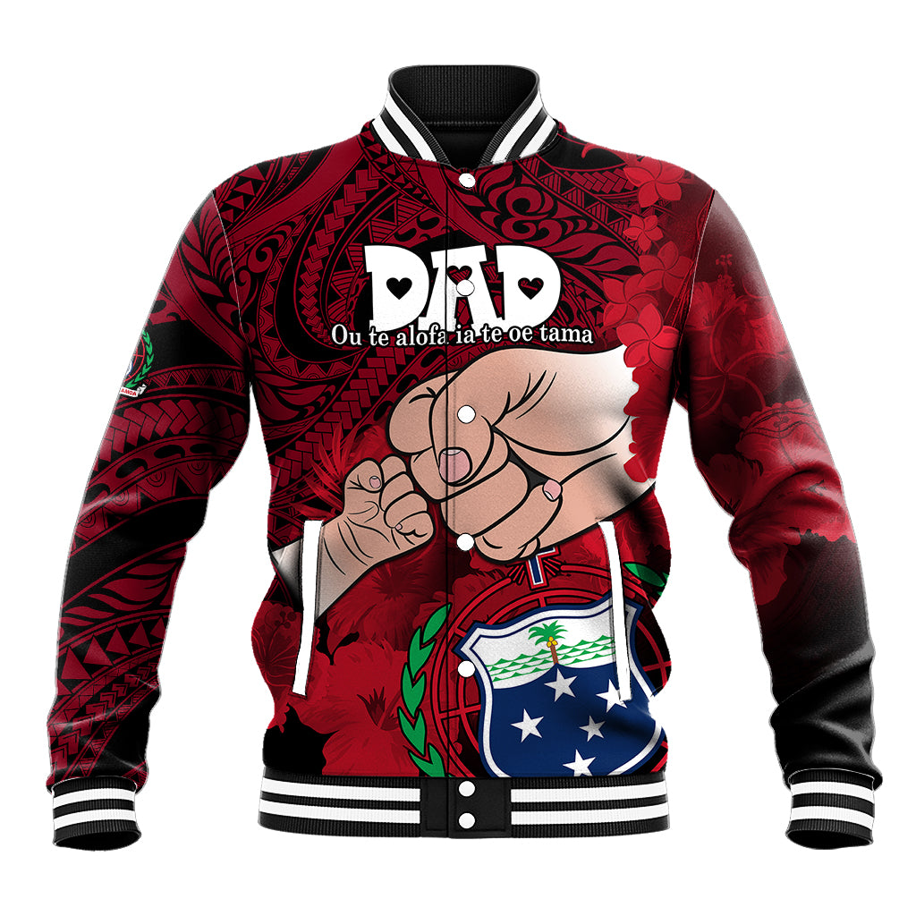 Red baseball jacket with striped collar/cuffs and tribal floral print with cartoon dad