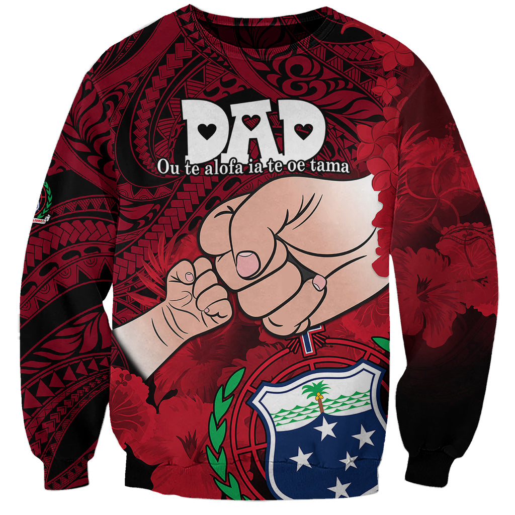 Unisex red sweatshirt with tribal floral pattern, cartoon dad and child graphic, DAD text