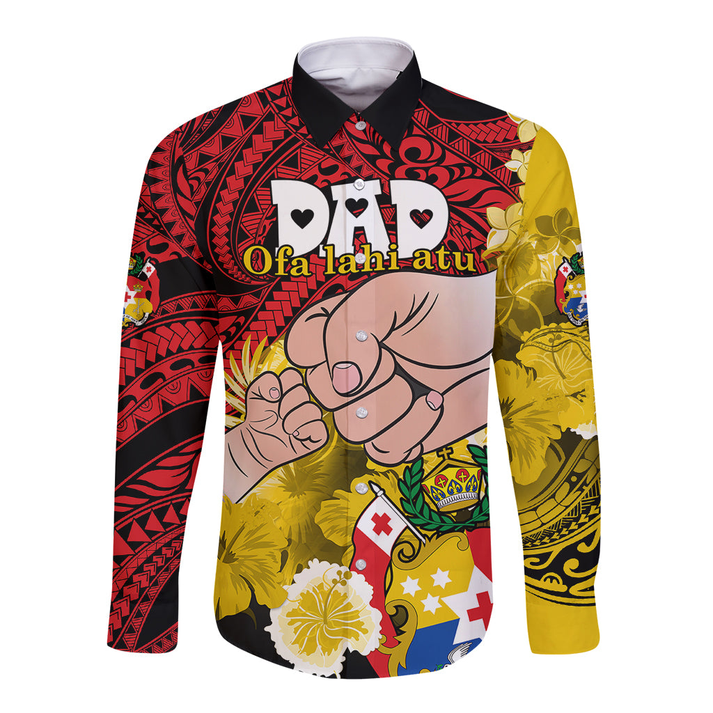 Unisex long-sleeve button shirt in red, yellow, and black with Polynesian floral graphics