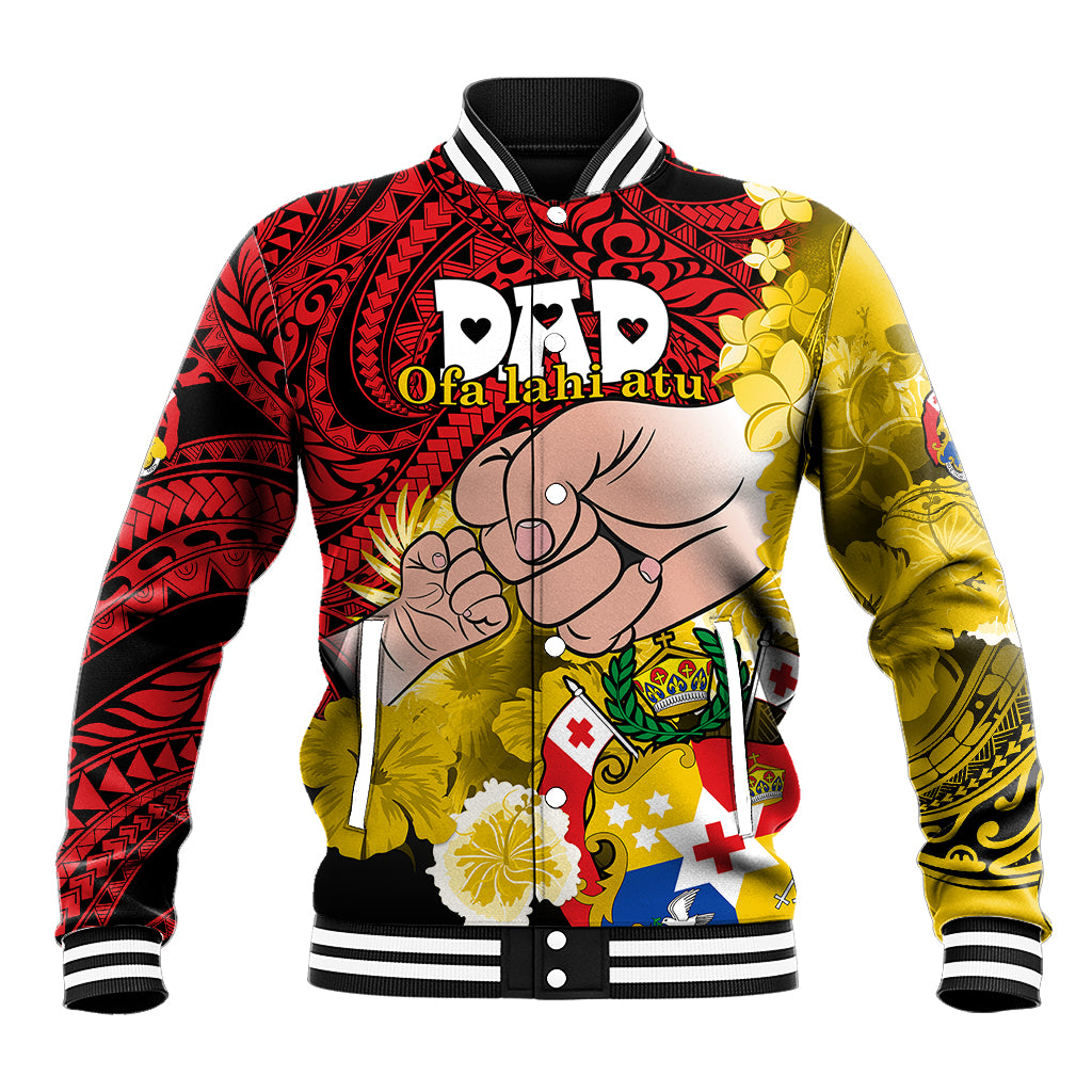 Red and gold graphic baseball jacket with striped ribbed collar and snap button front