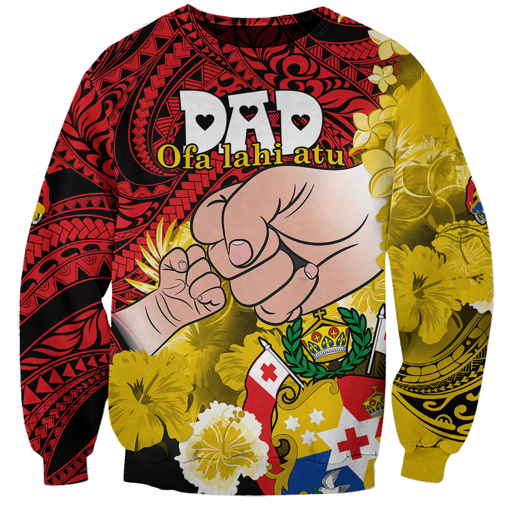Red unisex sweatshirt with tribal print sleeves, floral accents, and 'Ofa lahi atu' front graphic