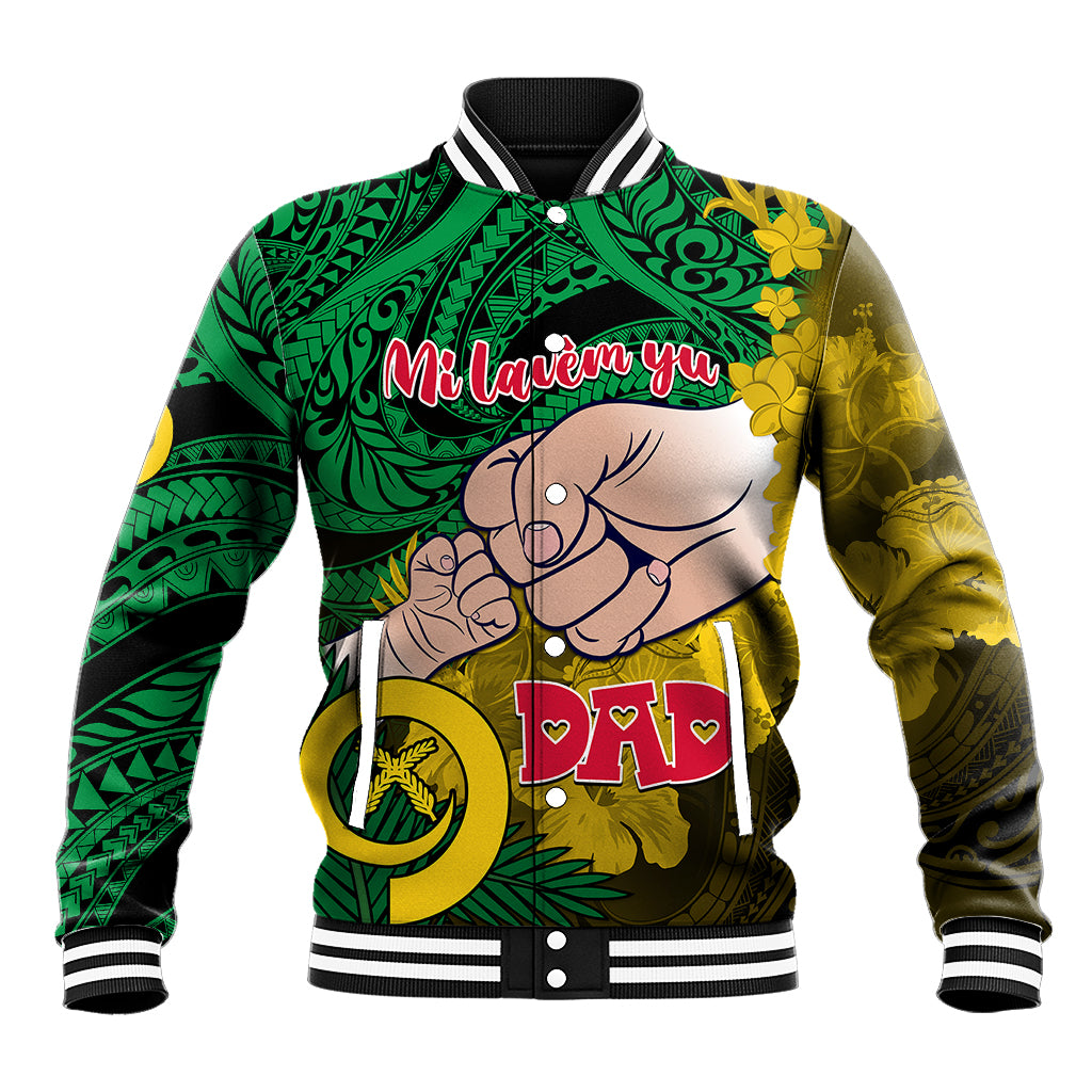 Green and yellow baseball jacket with ribbed striped collar, button front, cartoon graphic