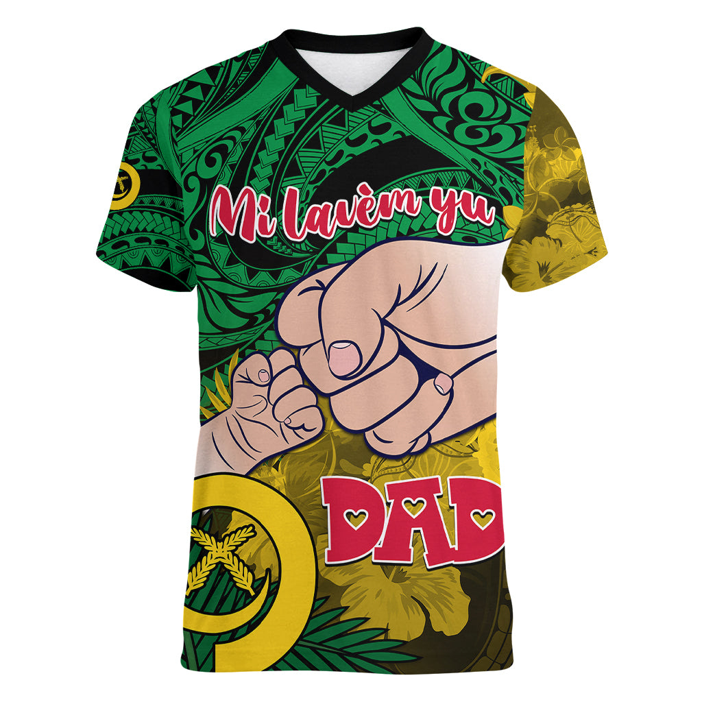 Fathers Day Polynesian Islands Vanuatu Women V Neck T Shirt Dad Mi lavem yu - Polynesian Flowers Tribal - Wonder Print Shop