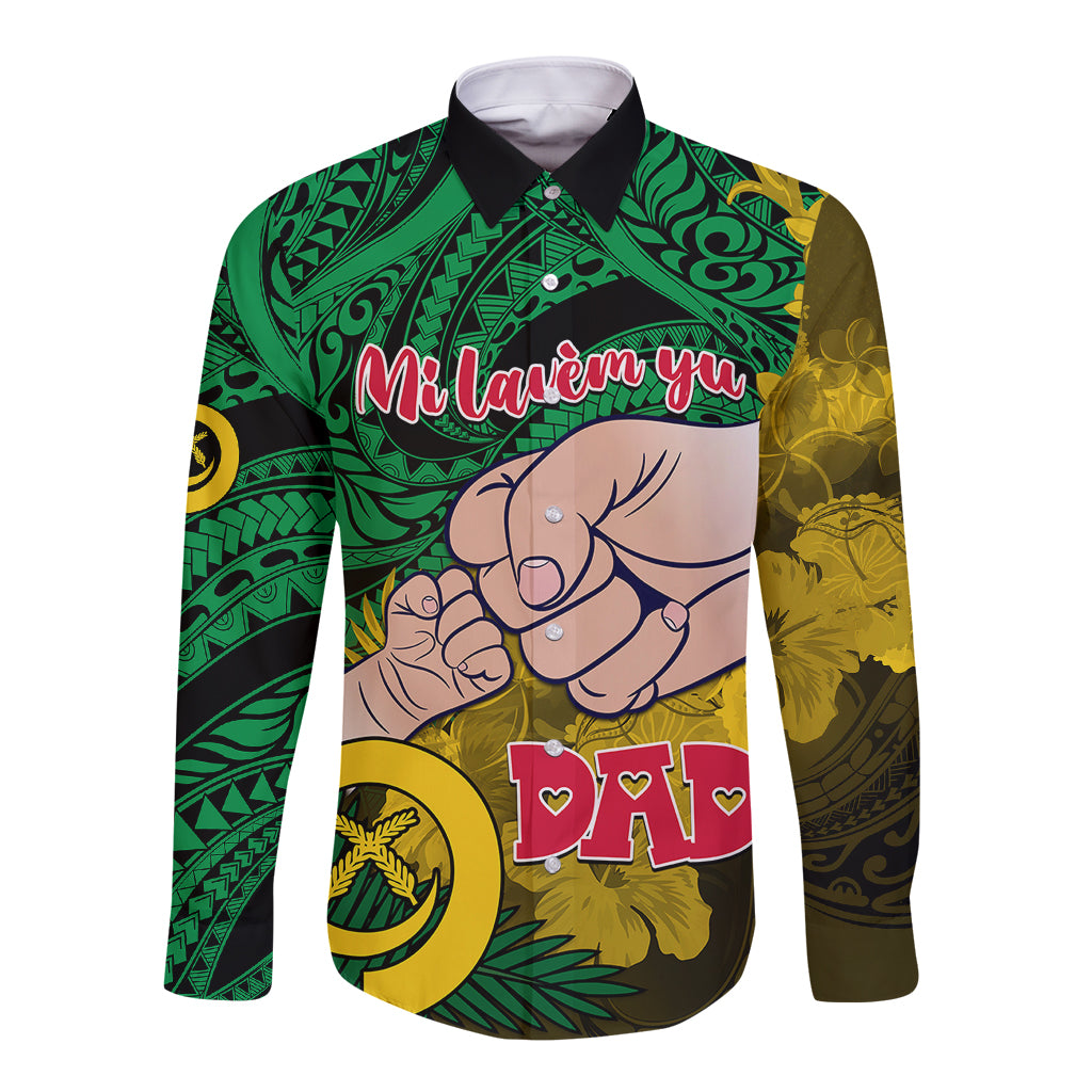 Personalised Dads Day Vanuatu Long Sleeve Button Shirt Dad Mi lavem yu - Polynesian Flowers Tribal - Wonder Print Shop