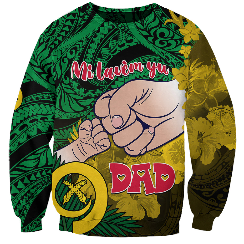 Green unisex sweatshirt with Polynesian floral tribal print, Dad heart graphic and cartoon