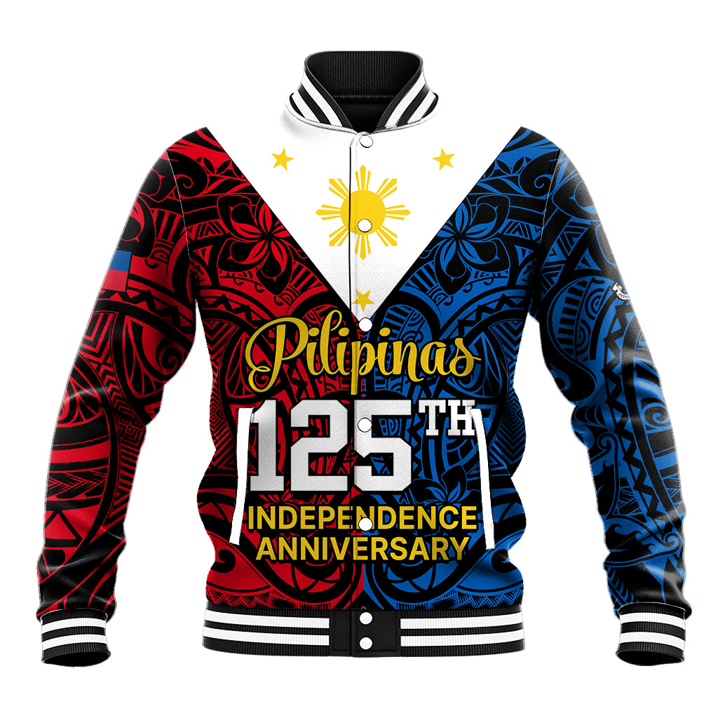 125th Independence Anniversary Philippines Baseball Jacket Polynesian Pilipinas Flag Style - Black LT9 - Wonder Print Shop