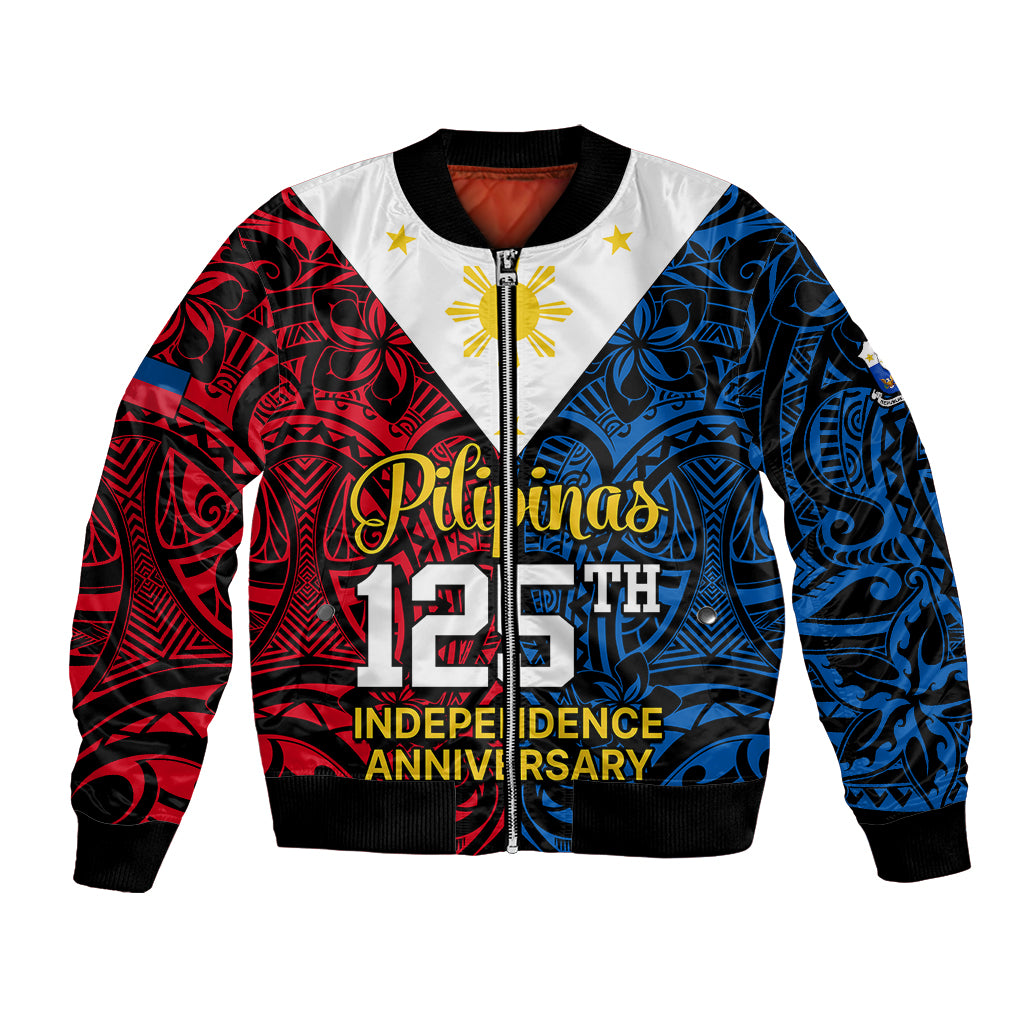 Black bomber jacket with red/blue tribal graphics and “Pilipinas 125th Independence” design