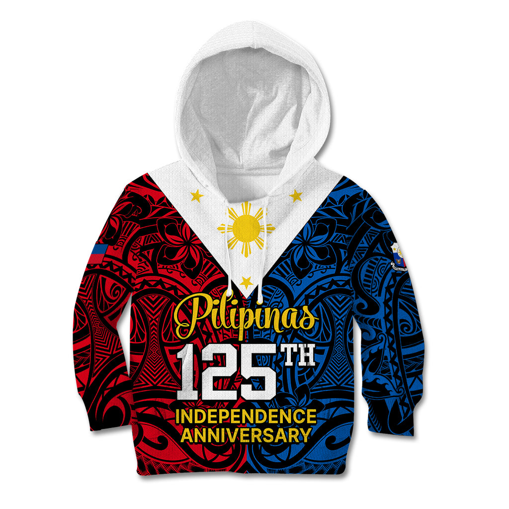 125th Independence Anniversary Philippines Kid Hoodie Polynesian Pilipinas Flag Style - Black - Wonder Print Shop