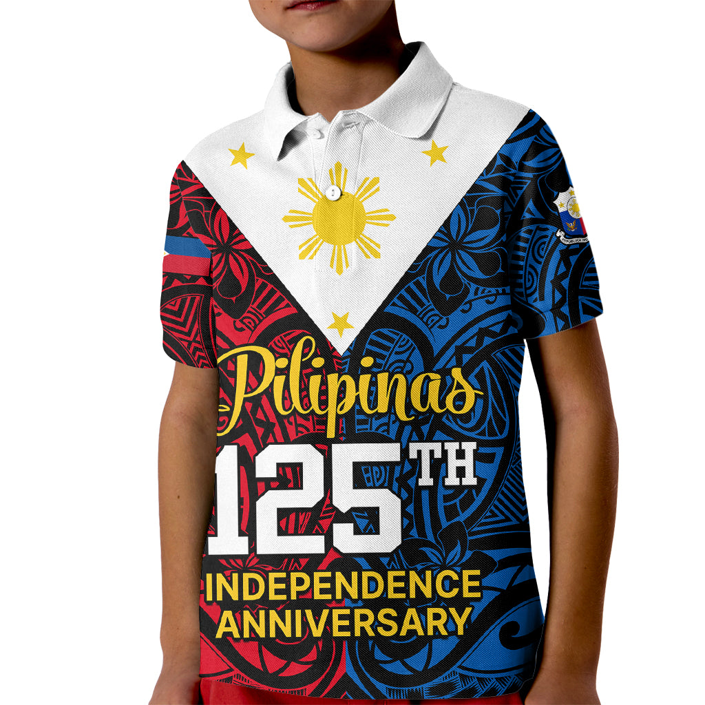 125th Independence Anniversary Philippines Kid Polo Shirt Polynesian Pilipinas Flag Style - Black - Wonder Print Shop