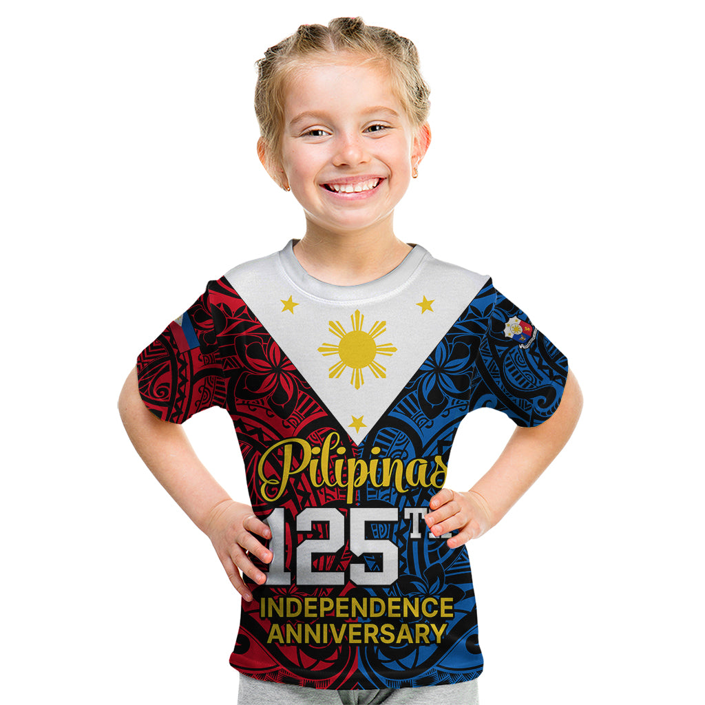 Polynesian Philippines Kid T Shirt Pilipinas Flag Style for 125th Independence Anniversary Black - Wonder Print Shop