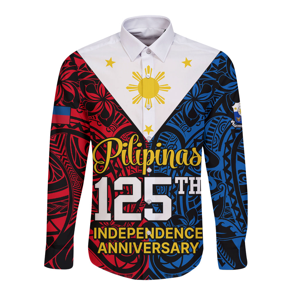 125th Independence Anniversary Philippines Long Sleeve Button Shirt Polynesian Pilipinas Flag Style - Black - Wonder Print Shop