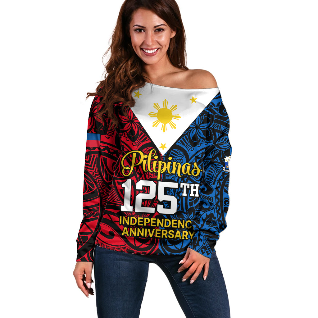 125th Independence Anniversary Philippines Off Shoulder Sweater Polynesian Pilipinas Flag Style - Black - Wonder Print Shop