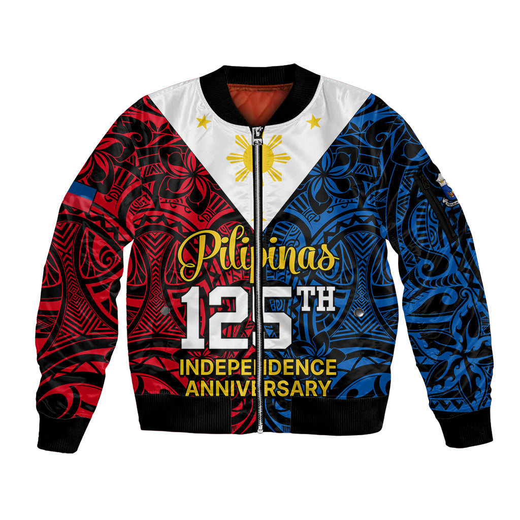 Polynesian Philippines Sleeve Zip Bomber Jacket Pilipinas Flag Style for 125th Independence Anniversary Black - Wonder Print Shop