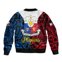 Unisex black zip bomber jacket with blue and red Pilipinas back crest and seal
