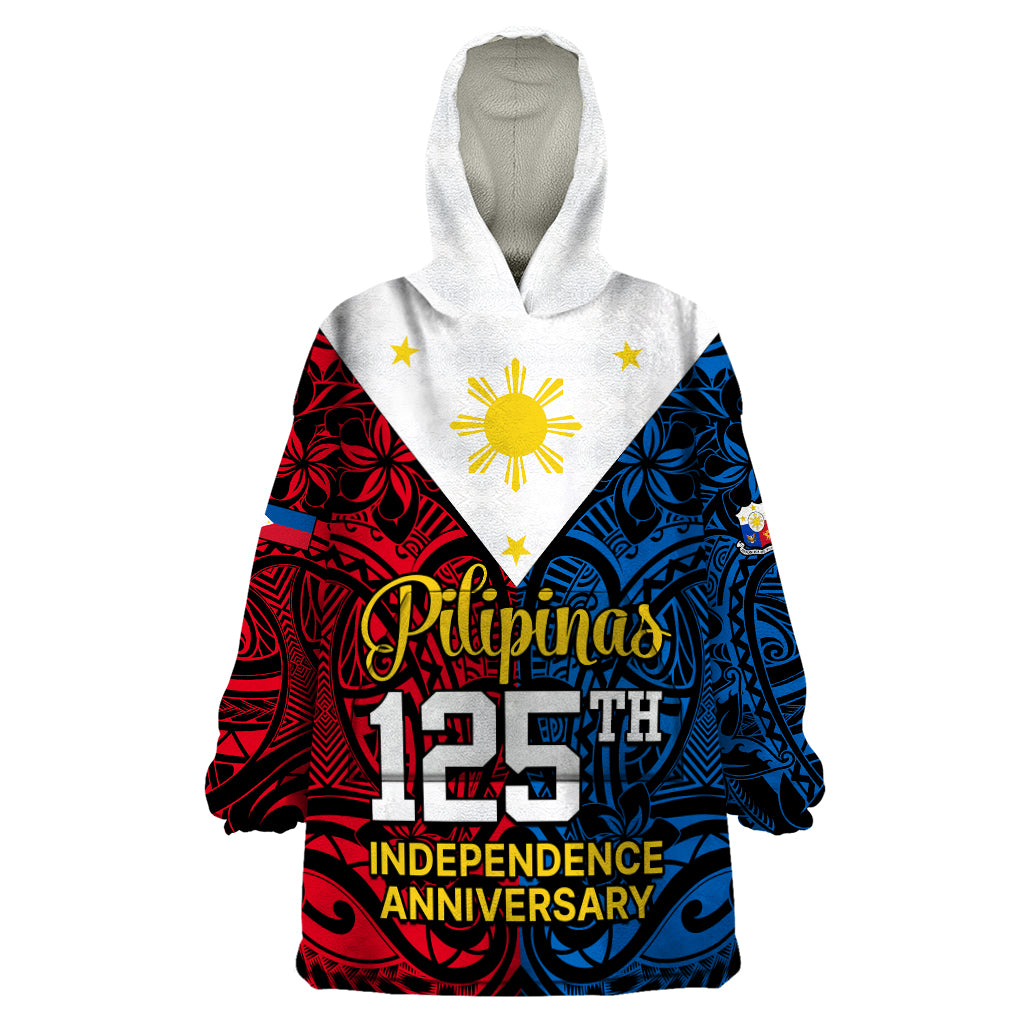 Personalised 125th Independence Anniversary Philippines Wearable Blanket Hoodie Polynesian Pilipinas Flag Style - Black - Wonder Print Shop