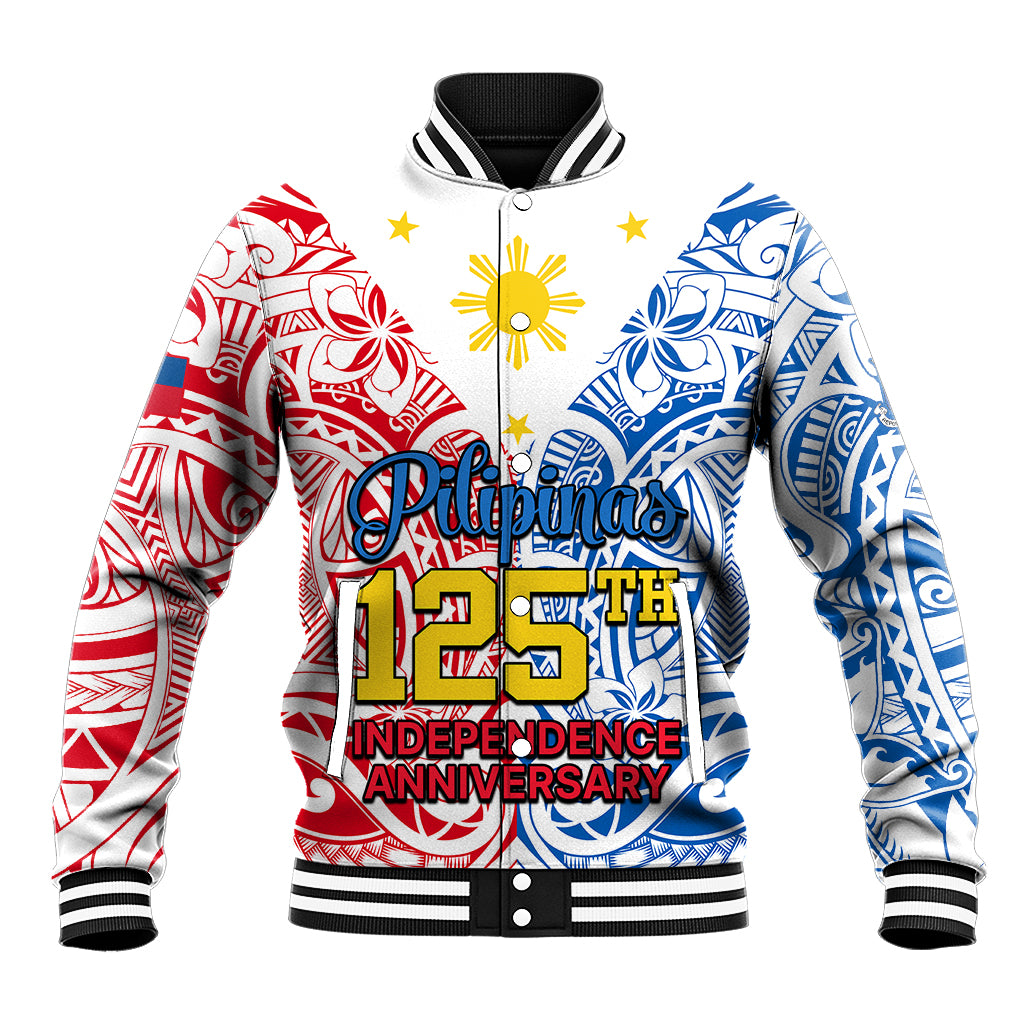 Unisex white baseball jacket with red/blue graphic and '123 Independence Anniversary' print