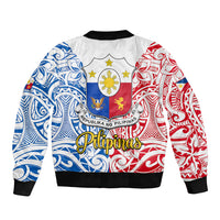 Unisex white bomber jacket with red and blue back graphic, black ribbed hem and cuffs