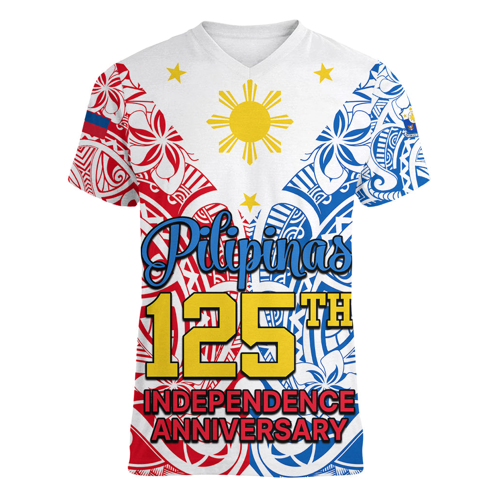 Polynesian Philippines Women V Neck T Shirt Pilipinas Flag Style for 125th Independence Anniversary White - Wonder Print Shop