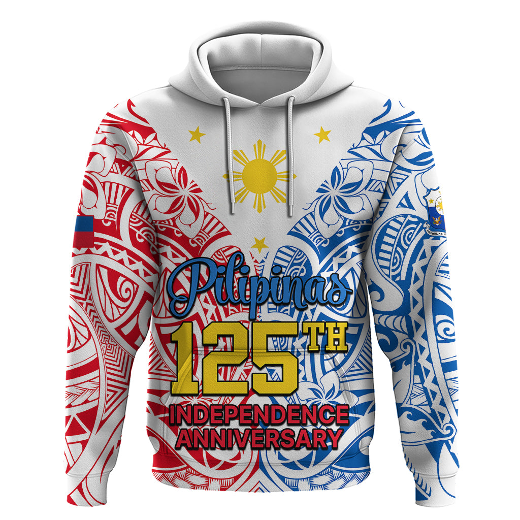 Personalised 125th Independence Anniversary Philippines Hoodie Polynesian Pilipinas Flag Style - White - Wonder Print Shop