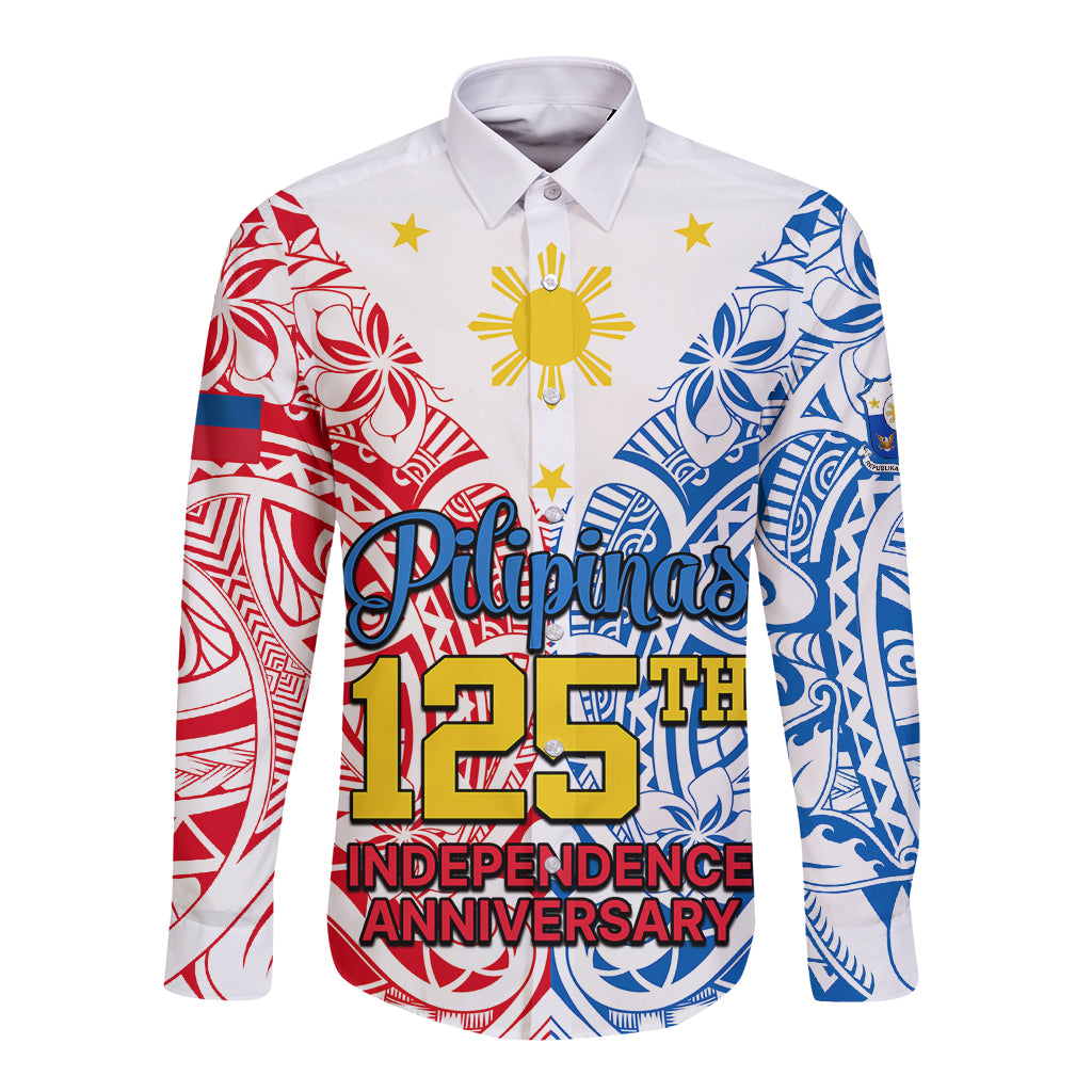 White long-sleeve button shirt with red, blue, and gold Independence graphic