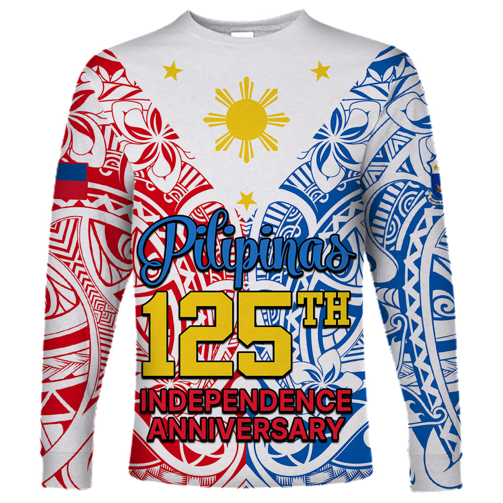 Personalised 125th Independence Anniversary Philippines Long Sleeve Shirt Polynesian Pilipinas Flag Style - White - Wonder Print Shop