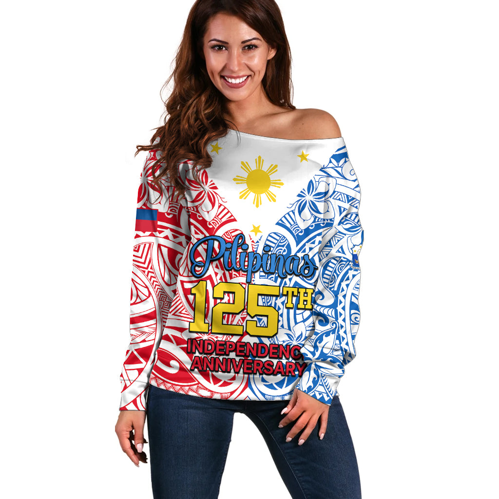 Personalised 125th Independence Anniversary Philippines Off Shoulder Sweater Polynesian Pilipinas Flag Style - White - Wonder Print Shop