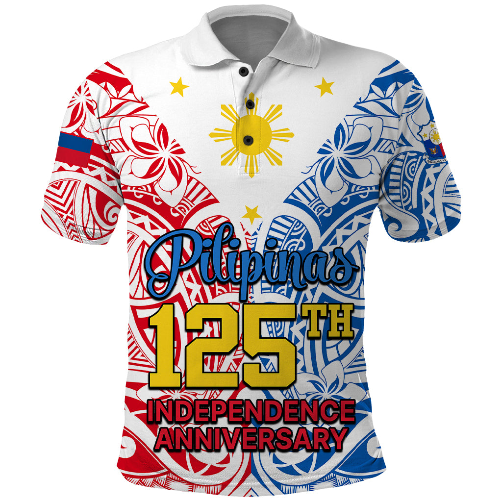 Personalised 125th Independence Anniversary Philippines Polo Shirt Polynesian Pilipinas Flag Style - White - Wonder Print Shop