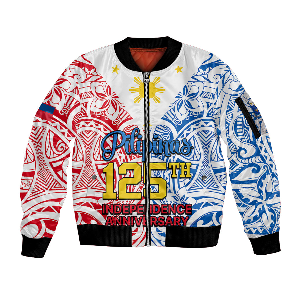 Personalised 125th Independence Anniversary Philippines Sleeve Zip Bomber Jacket Polynesian Pilipinas Flag Style - White - Wonder Print Shop