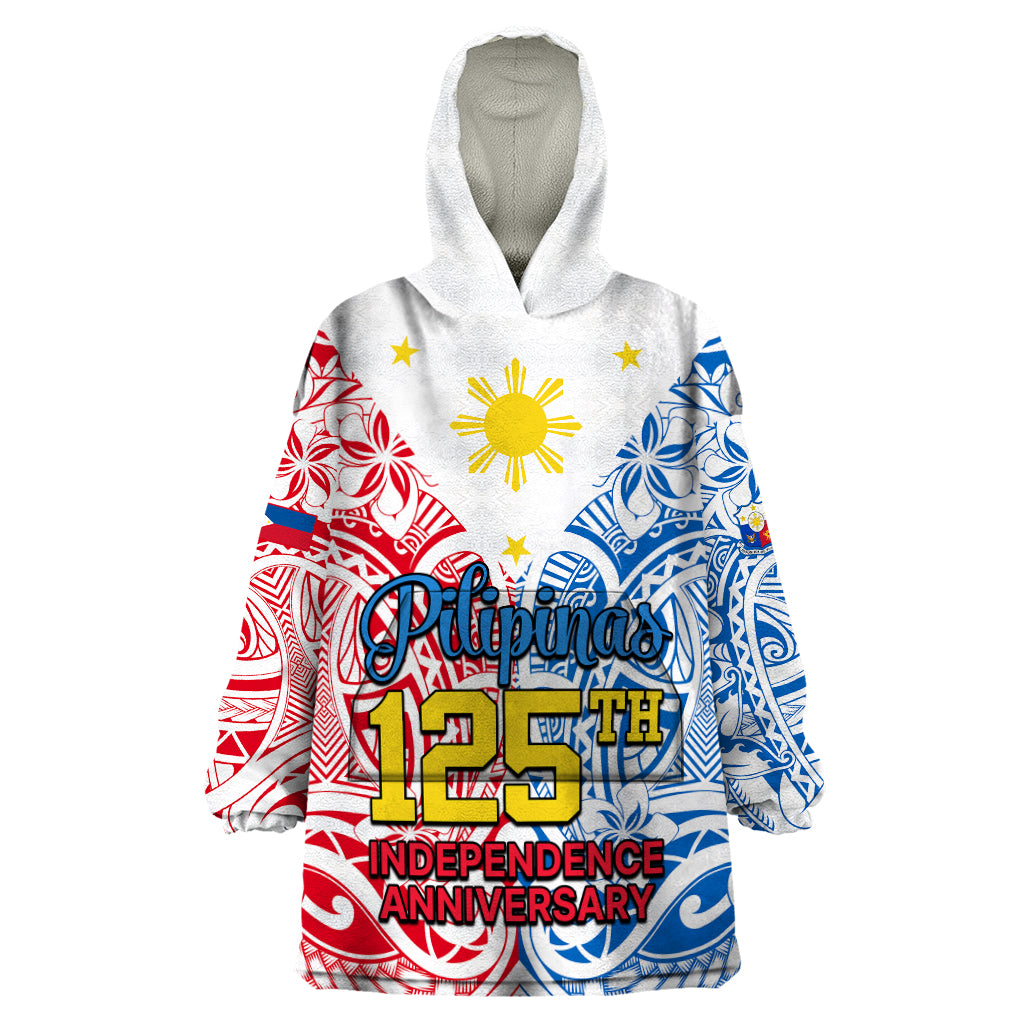 Personalised 125th Independence Anniversary Philippines Wearable Blanket Hoodie Polynesian Pilipinas Flag Style - White - Wonder Print Shop