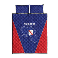 Personalized quilt bed set with Italy map and flag center; blue quilt with red sides