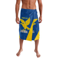 Men's blue swim shorts with yellow eagle graphic and custom text