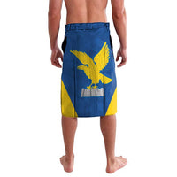 Men's blue swim shorts with yellow eagle graphic, back view