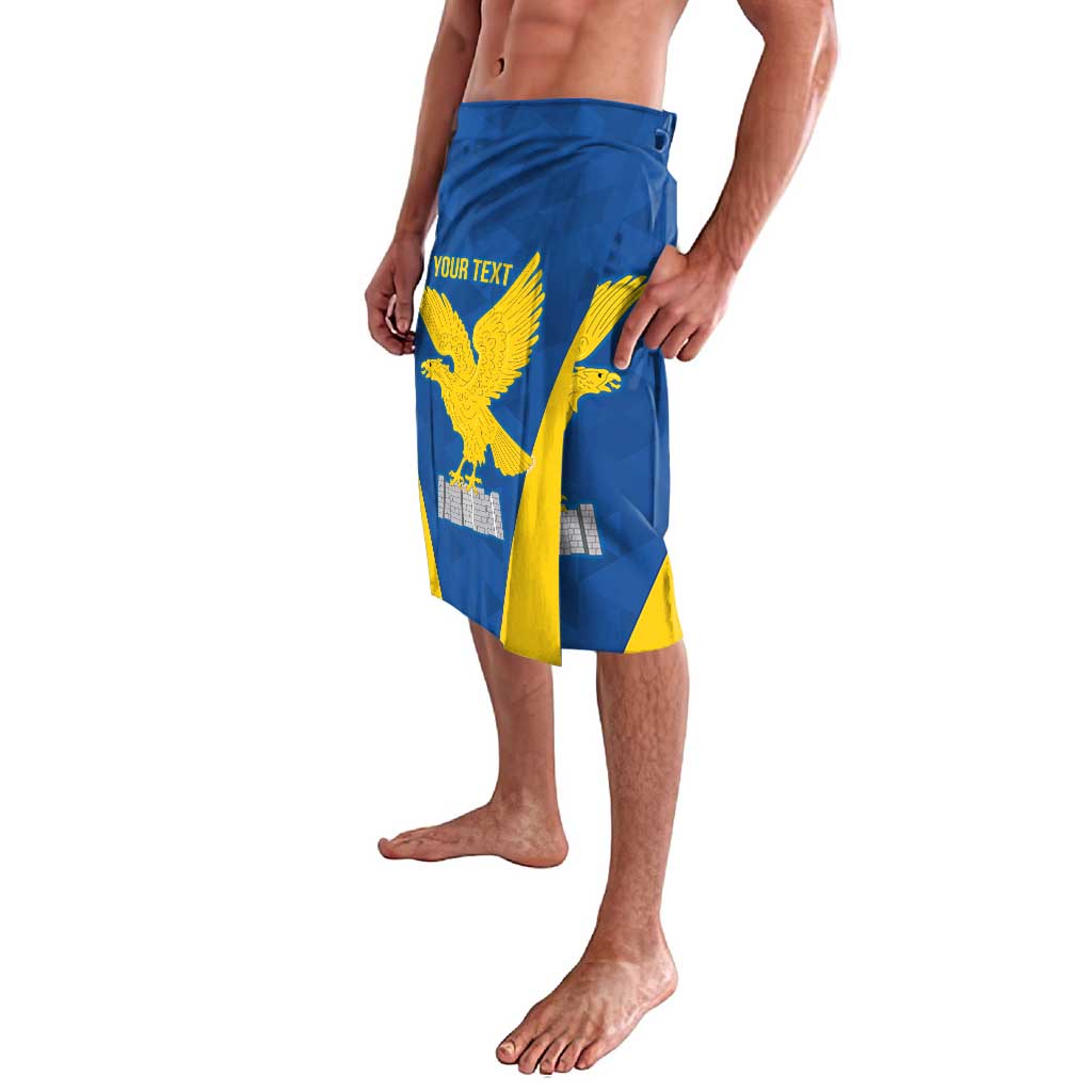 Men's blue swim shorts with yellow eagle flag print and custom text, side view