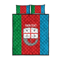 Personalized quilt set with red, green, and blue flag pattern, YOUR TEXT, and two pillows