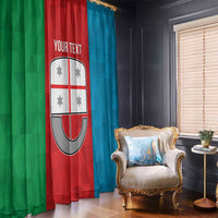 Personalized window curtain with Liguria flag print, red and blue panels with custom text