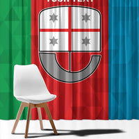 Personalized window curtain with close Liguria flag print in red, green, and white shield