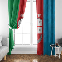 Personalized window curtain with Liguria flag print on green and blue panels with custom text