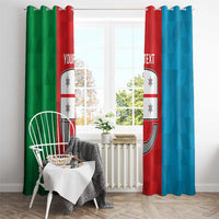 Personalized window curtain with Liguria flag print on green and blue panels with custom text