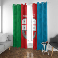 Personalized window curtain pair with Liguria flag print on green, red, and blue panels