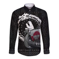 Black long-sleeve button shirt with Viking ship and dragon graphic, spread collar.