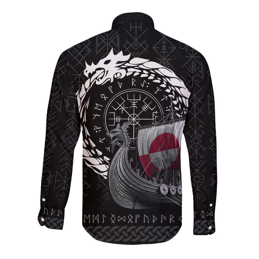 Black long-sleeve button shirt with Viking dragon and ship graphic, back view.
