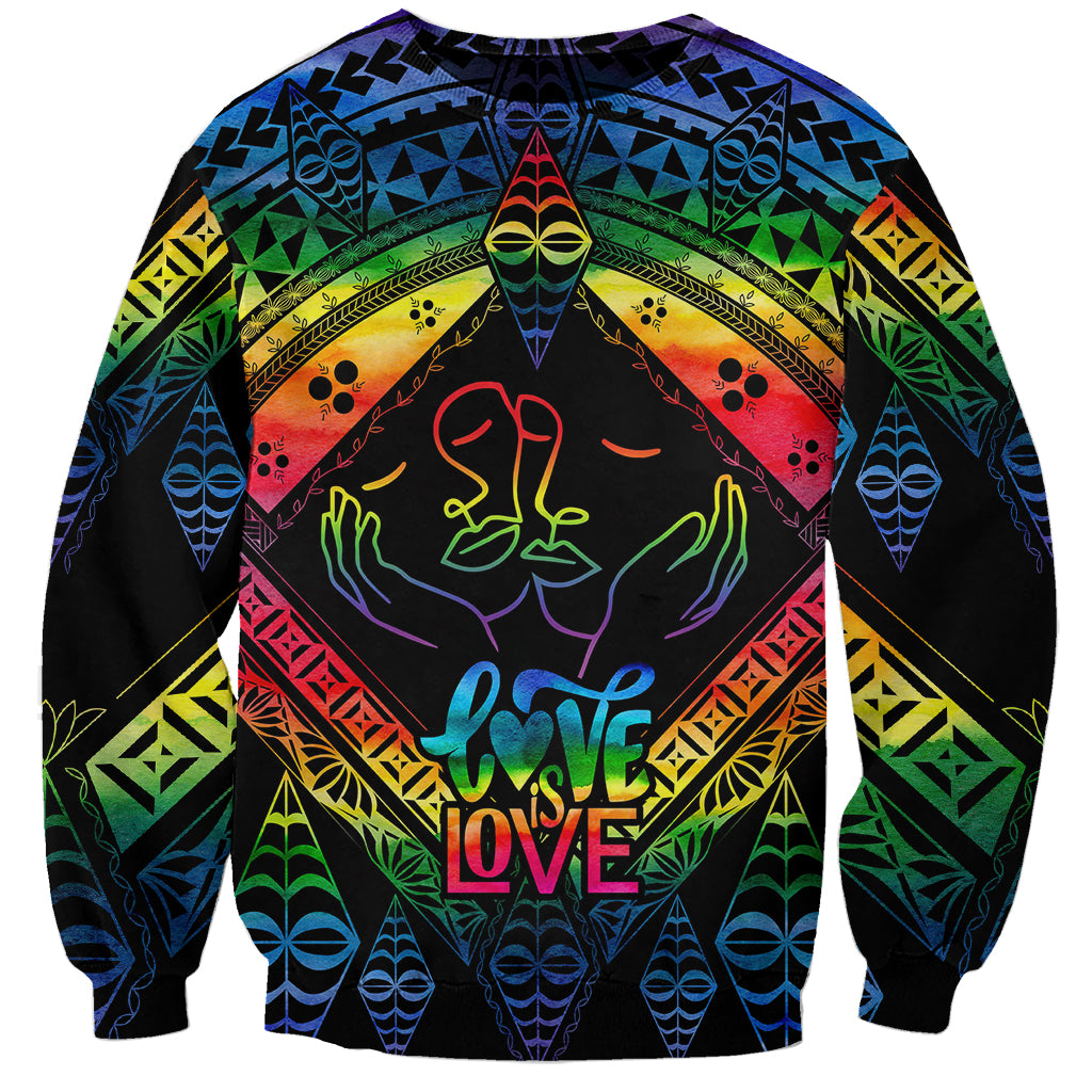 Unisex black crewneck sweatshirt with colorful rainbow geometric design and hands graphic
