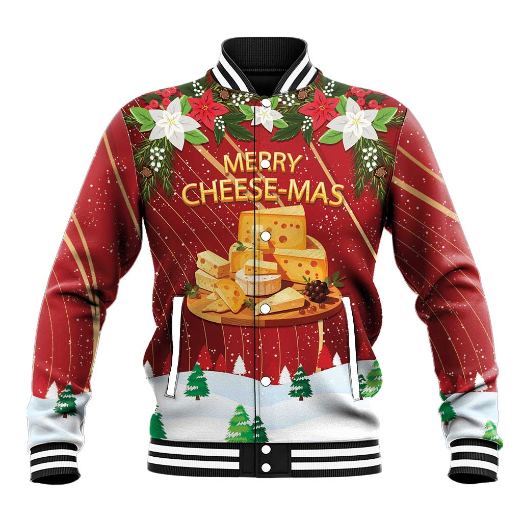 Red baseball jacket with Merry Cheese-mas graphic, striped collar and ribbed cuffs, snap front