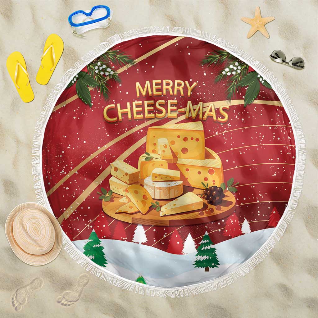 Round red beach blanket with fringe, Merry Cheese-Mas cheese graphic and trees